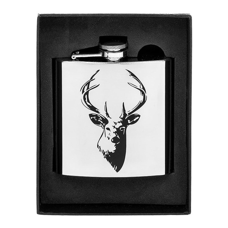 Stainless Steel Stag's Head Hip Flask in Gift Box