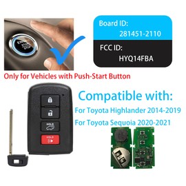 Smart Key Fob for Toyota Higalander 2014-2019, Alliskeys Proximity Remote Control Key Fob Compatible for Toyota Highlander 2014-2019 HYQ14FBA 89904-0E120 89904-60J50 281451-2110