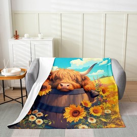 Feelyou Kids Highland Cow All Season for Bed 40"x50", Highland Cattle Flannel Fleece Blanket Wild Animal Plush Throw Blanket Boys Girls Sunflower Soft