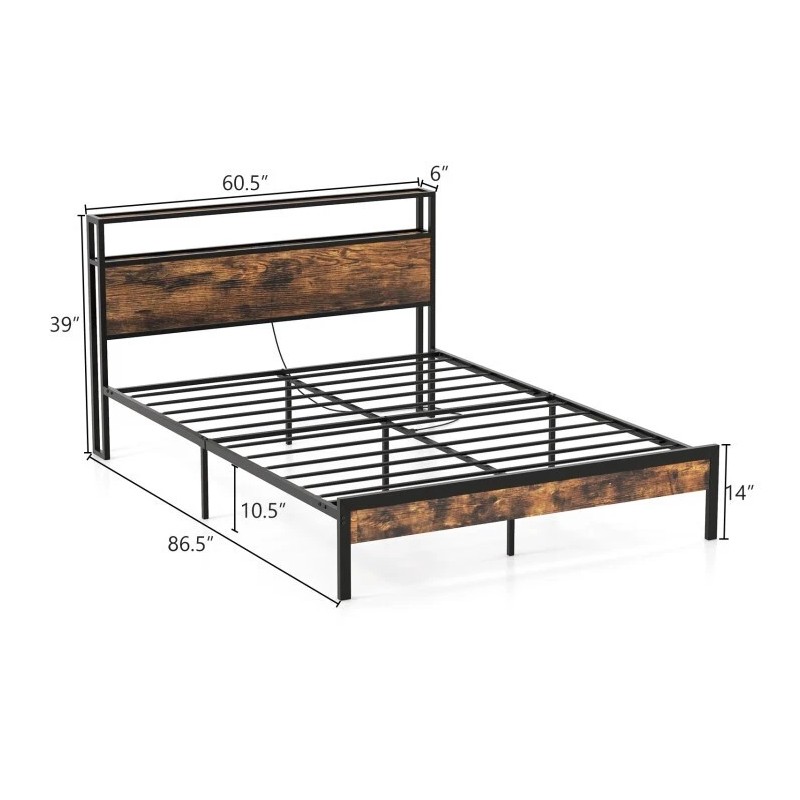 COSTWAY Queen Size Metal Bed Frame w/ Built-in Charging Station