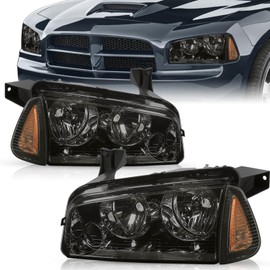TUSDAR Halogen 4Pcs Headlights Assembly Set for 2006-2010 Dodge Charger Headlamp with Corner Light Replacement OE Headlamp (Smoke Black)