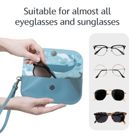 EKAX Leather Glasses Case with Carrying Strap, Travel Sunglasses Pouch, Portable Eyeglass Case for Women & Girls, Water Resistant PU leather Eyewear Cover, Blue