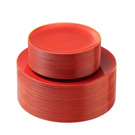 100PCS Red Gold Plastic Plates for 50 Guests, Hefty Disposable Party Plates Include 50 Dinner Plates, 50 Salad Plates for Party, Wedding, Birthday