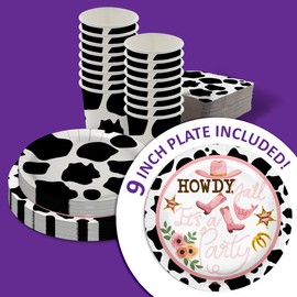 Cow Girl Birthday Party Supplies - Cow Print Rodeo Birthday Party Plates - Large 9" Paper Plates In Bulk (Howdy Y'all Cow Print, 32 Piece)