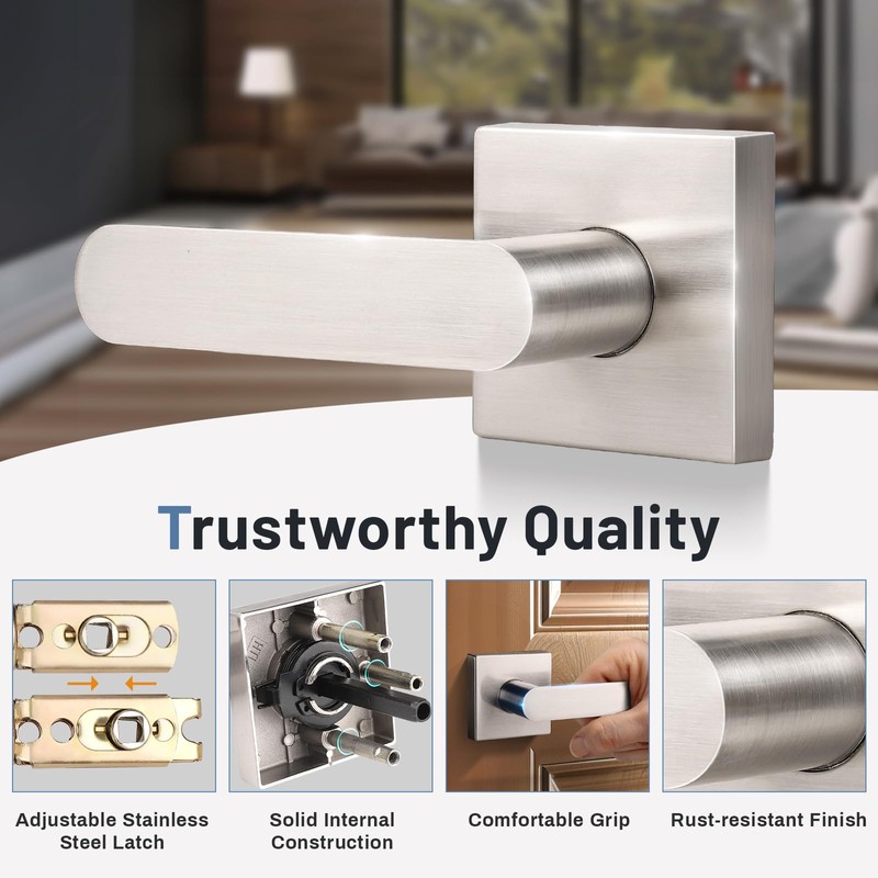 KNOBWELL 6 Pack Satin Nickel Door Handles Interior, Passage Door
