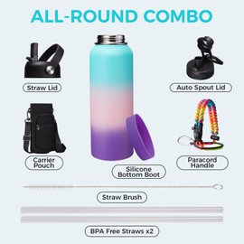 Stainless steel Water Bottle 40OZ - with Straw & Spout Lids, Paracord Handle, Shoulder Carrier Bag, Vacuum Insulated Water Jug, Leak Proof Metal Waterbottle for Sports Gym Yoga Workout Travel Hiking