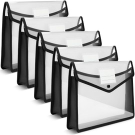 A4 Plastic Wallets, 5 Pcs Popper Wallet Plastic Document Folder Premium Pockets Files Envelope for School Office Home, with Snap Closure and Card Slot, Black