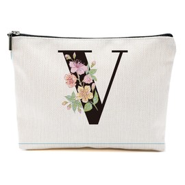 MQBMQB Rose Letter Initial V Makeup Bags for Women Lined Monogram Cosmetic Bag with Zipper Birthday Gifts for Women Girls Bridesmaid Best Friends Sisters, Travel Toiletry Bag, Wedding Gifts