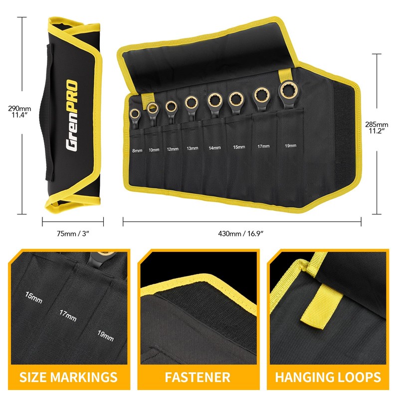 GRENPRO Ratcheting Wrench Set Metric And Standard, 9PC 8-19 mm