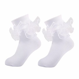 MKYSZLT 2 Pairs Girls Ruffle Socks Toddler Girl Frilly Dress Socks Fold Double Lace Big Ruffles Church Fancy Sock Little Kids (US, Age, 4 Years, 6 Years, 2 pairs - white)