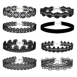 MILAKOO 8Pcs Black Lace Choker Goth Boho Flower Hollow Lace Necklace for Women Girls Tattoo Velvet Choker