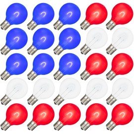 Novelty Lights 25 Pack G40 LED Plastic Flex Filament Outdoor Patio Globe Replacement Bulbs, Red/White/Blue, Dimmable, E12/C7 Base, 0.8 Watt…
