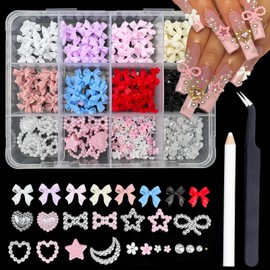 600 Pcs 3D Nail Charms and Flatback Pearls Set 8 Colors Bows Nail Art Charm + Pink&White Flower Star Heart Moon Cute Nail Jewels + 2-4mm White Nail Pearls for Nail Art DIY Decoration with Pickup Tools