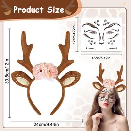 LGZIN Carnival Costume Women's Headband Deer Antlers Horns with Flowers + Deer Face Tattoo, Reindeer Headband with Ears, Deer Headband Women Girls, Deer Hair Band Hair Accessories for Theme Party