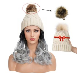 10-Inch Beanie Wig for Women - Hat With Curly Synthetic Hair, Short Wave Hair Wig With Warm Beanie (Black to Silver)