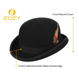 EOZY Mens 100% Wool Black Derby Hat with Removable Feather Satin Lined Roll Brim Bowler Hat