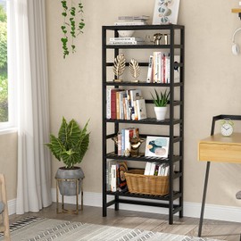 Homykic 6-Tier Bamboo Bookshelf, Adjustable 63.4” Tall Bookcase Free Standing Book Shelf Organizer Storage Shelving Unit for Living Room, Kitchen, Bedroom, Bathroom, Office, Small Space, Black