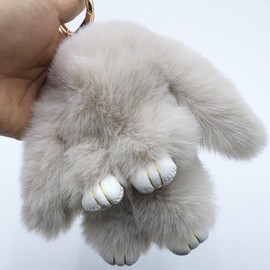 Xsclpomddy Bunny Keychain Soft Cute Faux Rabbit Fur Fluffy Pompom Keyring for Car Handbag Lovely Charm Ring,apricot,5.9in