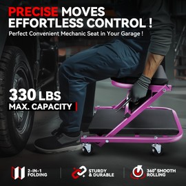Auto Dynasty 40" Z-Creeper Seat, 2-in-1 Foldable Garage Creeper Shop Seat, 330 LBS Capacity Automotive Mechanic Repair Under Car Rolling Creeper Seat, Purple