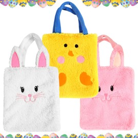 Pack of 3 Easter Bunny Bags, Plush Easter Gift Bags, Easter Gift Bags for Filling, Easter Basket with Handle, Easter Egg Hunt, for Children Party Decoration Gifts Party Accessories, Yellow, white,