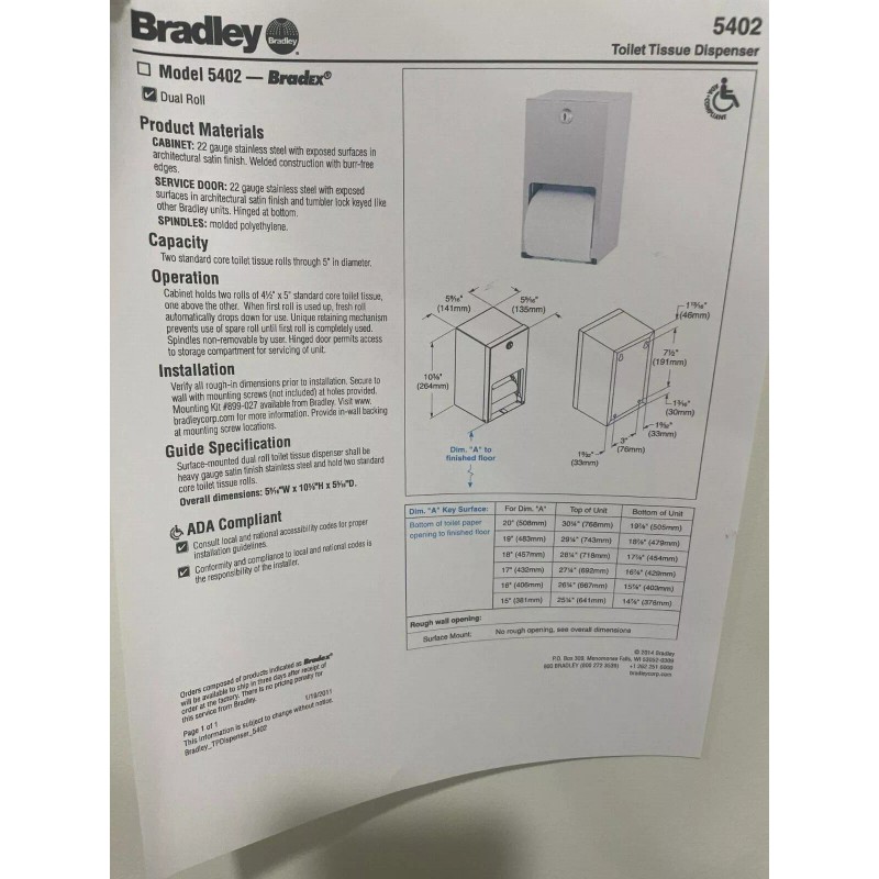 Bradley 5402 Stainless Dual Roll Toilet Tissue Dispenser **NEW IN