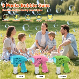 Babuloo 3 Packs Bubble Guns for Kids, Bubble Machine 5000 Bubbles with 3 Bottle Solution/10 Bag Refill/Lights, Portable Bubble Blower Gun Toys for Outdoor Party Wedding