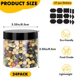 WYIPOLZI 24 Pack 12oz Plastic Jars with Lids, Clear Slime Cosmetics Containers with and Labels, Airtight Leakproof PET Empty Jars with Black Lids for Dry Food Honey Nuts Cookie Candy Spice