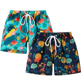 HSTiSan Kids Boys Swim Trunks Quick Dry Beach Shorts 2 Piece Drawstring Boardshort Swimwear Blue Watermelon+Black Animal 6-7Y/120