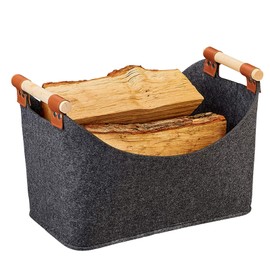 Janety Wood Basket for Firewood, 60 L Extra Thick Fireplace Wood Basket, Basket for Fireplace Wood with Reinforced Wooden Handle, Foldable Felt Basket for Shopping Bags, Wood, Newspapers, 45 x 32 x 40