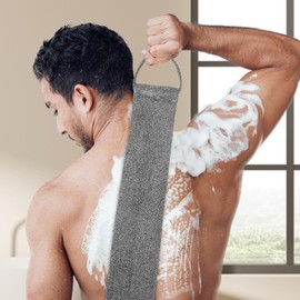 2 Stück Rückenschrubber für Dusche Bambusfaser Peeling Scrubber Schwamm, Rückenbürsten-Massagehandschuh, Bambus-Rückenbürsten-Massagehandschuh, Bandabstreifer-Rückenschrubber, Tiefenreinigung (Grau)