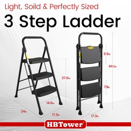 HBtower Step Ladder Sturdy, Heavy Duty Step Stool for Adults, Wide Anti-Slip Pedal Step Ladder Folding Step Stool for Home Kitchen Garage Outdoor (3 Step Ladder)
