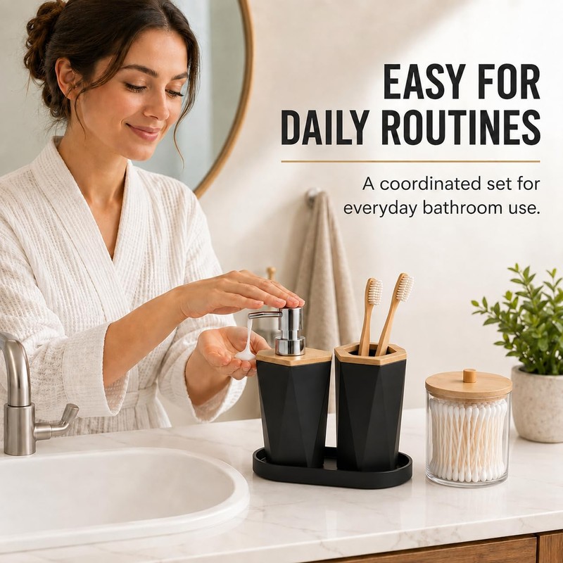 LGURT 4pc Hexagonal Black Bathroom Set, Soap Dispenser with Bamboo