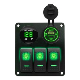 Stark Industries - 3-Gang Rocker Switch Panel with Super Fast Charging Dual PD+QC 3.0 Port and Voltmeter- Toggle Switch Dash 5 Pin ON/Off - 2-LED Backlit for Boat Truck Marine (Green)