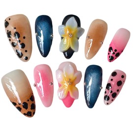Handmade Press-On Nails – 3D Flower & Pink Leopard Print Fake Nails | Medium Almond Acrylic Nail Tips | Artistic Stick-On Nails for Women & Girls, Cute Design False Nails (Leopard, S)