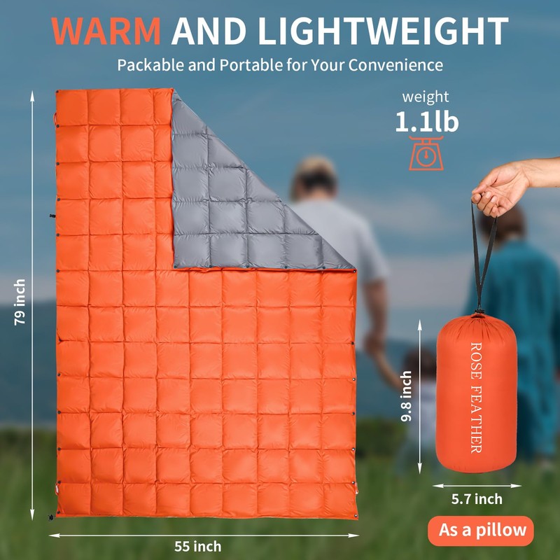 Down Camping Blanket - Lightweight, Packable, Warm & Puffy Outdoor