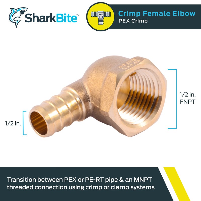 SharkBite 1/2 x 1/2 Inch FNPT Brass Crimp 90 Degree