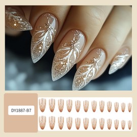 CJDLTS Press on Nails Medium Almond Shaped Flower False Nails Glitter Powder Design Full Cover Nude Stick on Nail Artificial Acrylic Press Ons French Tip Glue on Nail for Women Manicure Art 24Pcs
