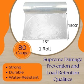 Stretch Film/Wrap for Packaging, Shipping, and protection (15" x 1500' x 80 Guage, 1 Rls/Cs Blown)