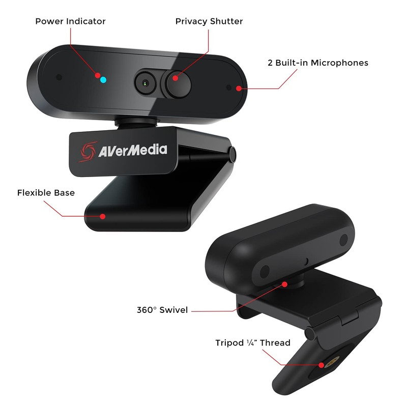 AVerMedia PW310P Webcam, Webcam Cover, 1080p/30fps Videochat and Recording, Plug