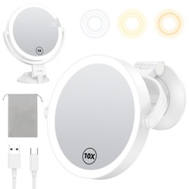 Gospire 7” Wall Mounted Makeup Mirror with Lights and Magnification 10X, 3 Color Lighted Bathroom Mirror with Powerful Locking Suction Cup, Shaving Mirror for Men, Led Mirror for Desk - White