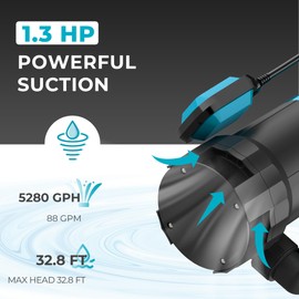 BOMGIE 1.3HP Sump Pump 5280GPH Submersible Water Pump with Float Switch, Submersible Utility Pumps Removal for Pools, Basement Flooding, Garden Pond Low Water Level with 20ft Power Cord