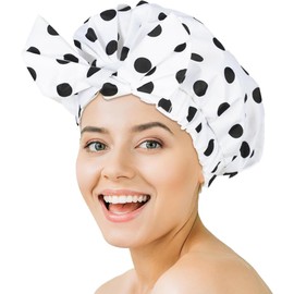 Shower Cap for Women, Shower Hat, Waterproof Reusable Shower Caps, Waterproof Hair Shower Caps for Long Men, Women, Silky Sleep Bathing Cap for Long Curly Hair, Design Black