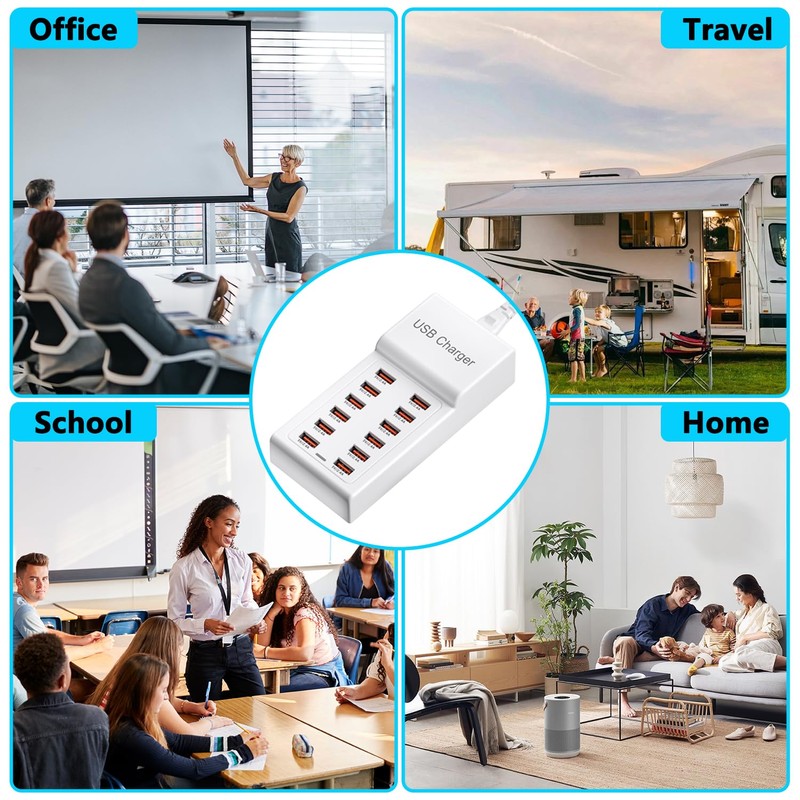 USB Charger Station 50W(10A) 12 Ports,USB Desktop Charging,Multiple Charging Block,USB