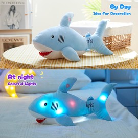 BSTAOFY 20'' LED Shark Soft Plush Toy Night Light Up Stuffed Animal Ocean Life Luminous Glow in The Dark Bedtime Companion Gifts for Kids Friends Birthday Valentines Christmas Festivals, Blue