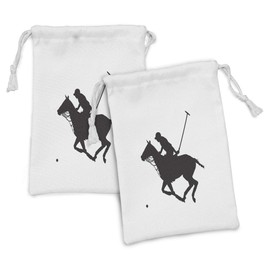 Ambesonne Sports Fabric Pouch Set of 2, Silhouette Illustration of Polo Player on a Horse Hitting a Ball Print, Small Drawstring Bag for Toiletries Masks and Favors, 9" x 6", Charcoal Grey and White