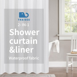 THAIGEE 2-in-1 Waterproof Fabric Shower Curtain or Liner,Linen Textured,Breathable TPU & Washable Bathroom Shower Curtain Set with 12 Plastic Hooks,72"x72",White