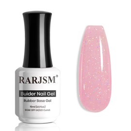 RARJSM Rainbow Glitter Rubber Base Gel Nail Polish Nude Bubble Pink Rubber Base Gel Iridescent Shimmer Brush on Quick Extend Builder Hard Gel Soak Off Curing Requires 15ml Salon Home French Manicure