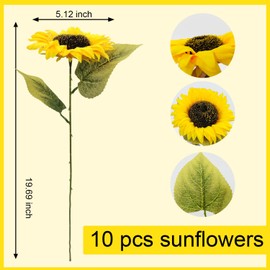 Mutcolor 10 Pcs Sunflowers Artificial Flowers with Long Stems Silk Fake Large Sunflowers Bouquet Faux Sunflower Arrangement for Outdoor Indoor Home Vase Table Wedding Party Garden DIY Decor (Yellow)
