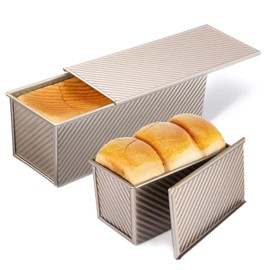 PADELE 2 Pack Pullman Loaf Pan with Lid, 13x4 & 9x4 inch (2.2 lb & 1 lb Dough Capacity), Non-Stick Sandwich Bread Loaf Pan for Homemade Baking Bread, Gold