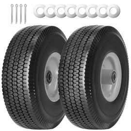 2Pack 10 x 4.10/3.50-4" Solid PU Run-Flat Tire Wheel with 5/8"Axle Bore Hole 2.24" Offset Hub Double-Sealed Ball Bearings for Wagons Wheelbarrows Hand Trucks